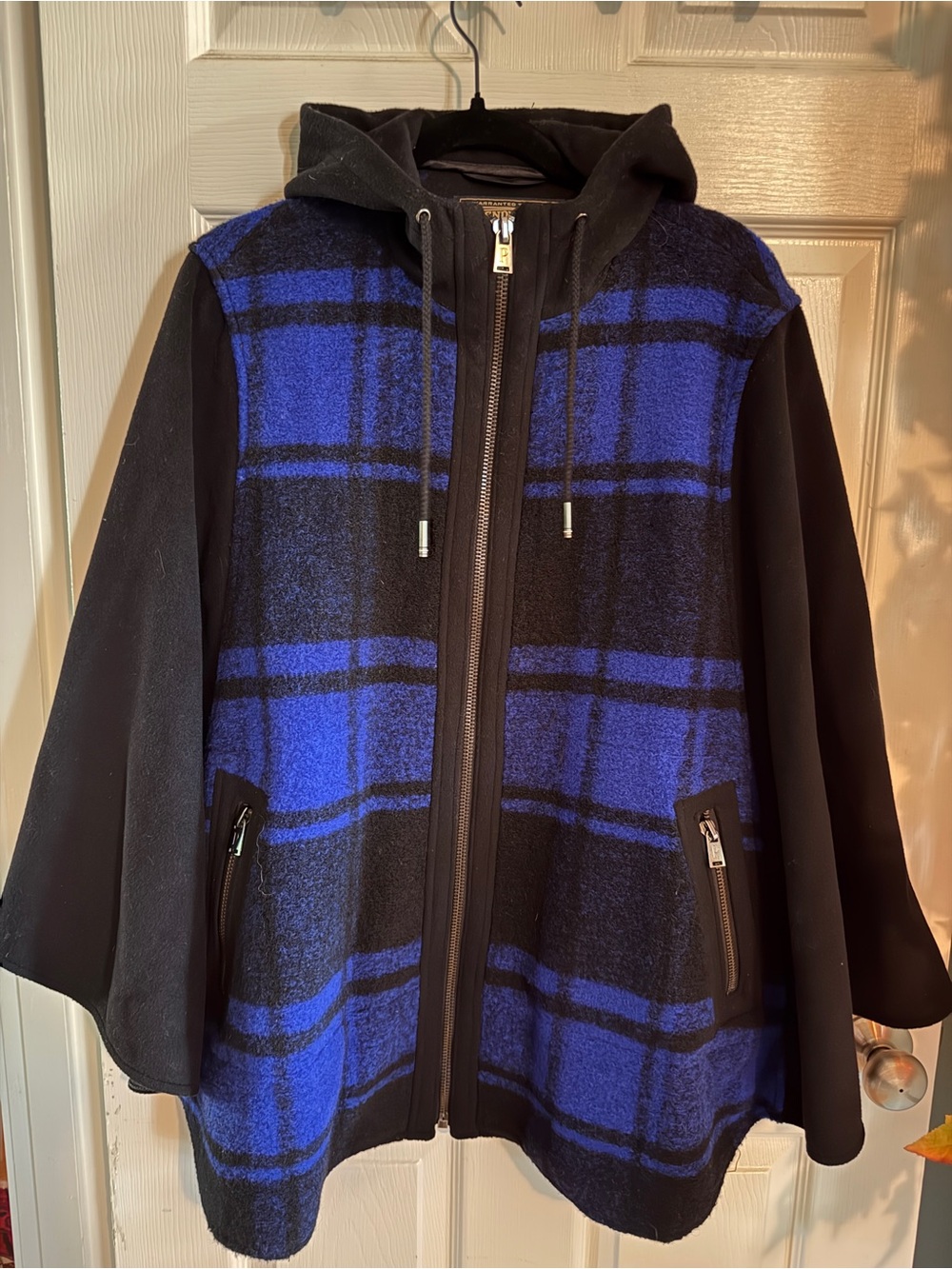 Pendleton Wool-Blend Black & Royal Blue Plaid Hooded Zip Cape